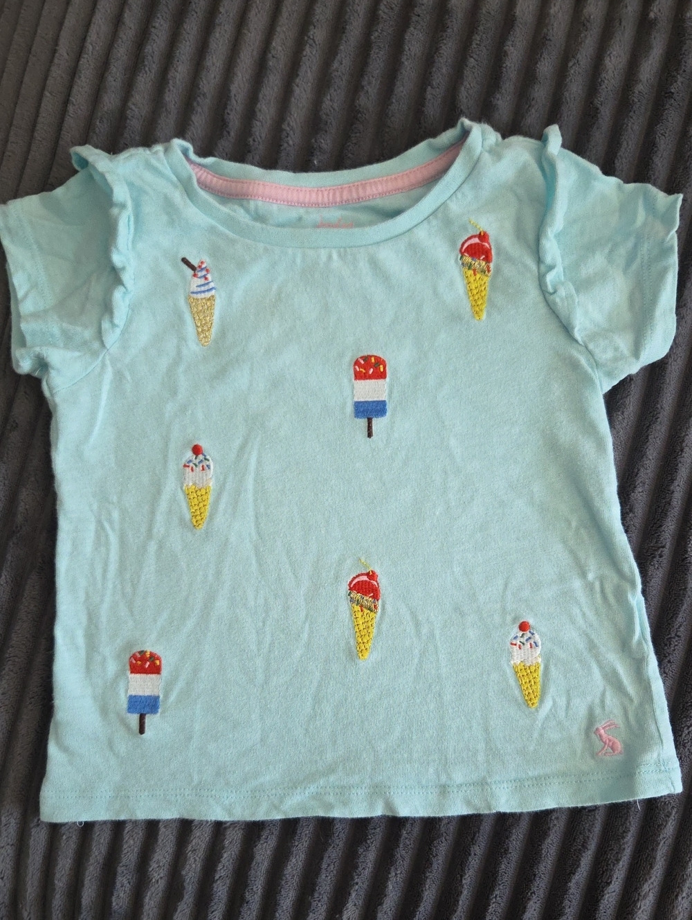 Joules Mint Blue Ice Cream Embroidered Ruffle Sleeve Tee